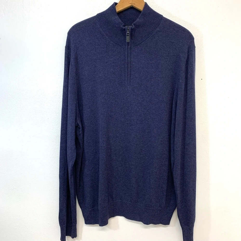 Jos A‎ Bank Traveler Sweater Men Large  Pima Cotton 1/4 Zip Blue Long Sleeve